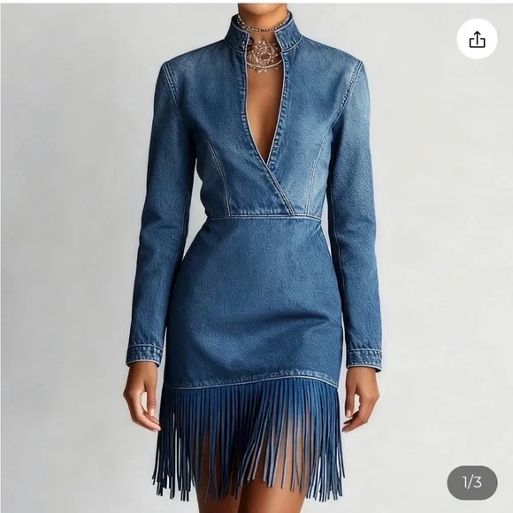 Elegant Blue Denim Fringe Dress - Picture 4 of 6